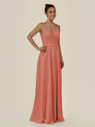 KissDress-Lurne Wild Rose A Line Chiffon V Neck Long Bridesmaid Dress with Cinched Waistline