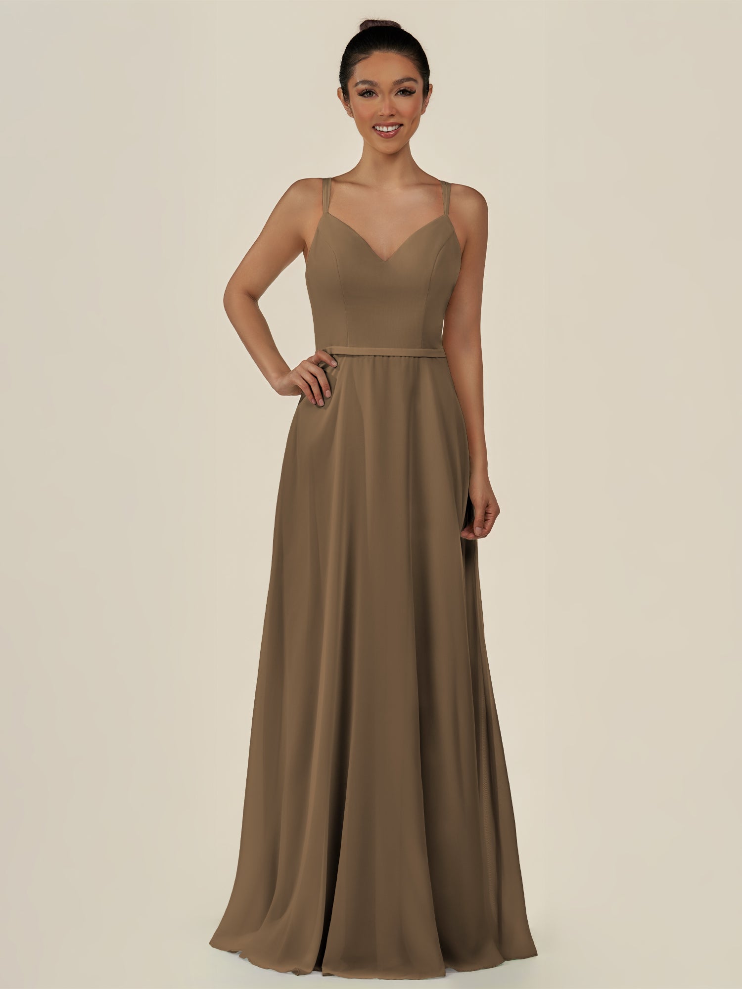 KissDress-Lurne Willow Green A Line Chiffon V Neck Long Bridesmaid Dress with Cinched Waistline