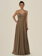 KissDress-Lurne Willow Green A Line Chiffon V Neck Long Bridesmaid Dress with Cinched Waistline