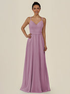 KissDress-Lurne Wisteria A Line Chiffon V Neck Long Bridesmaid Dress with Cinched Waistline