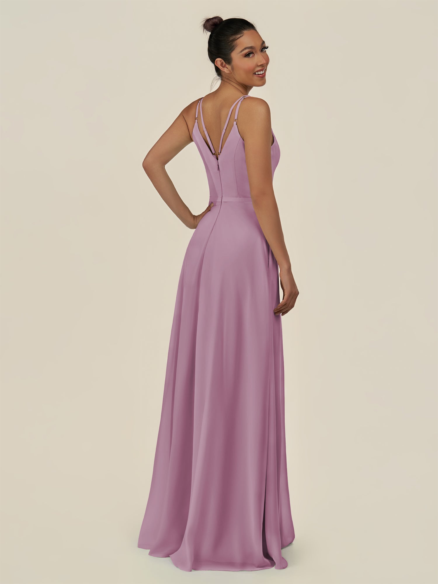 KissDress-Lurne Wisteria A Line Chiffon V Neck Long Bridesmaid Dress with Cinched Waistline