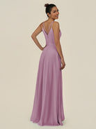 KissDress-Lurne Wisteria A Line Chiffon V Neck Long Bridesmaid Dress with Cinched Waistline