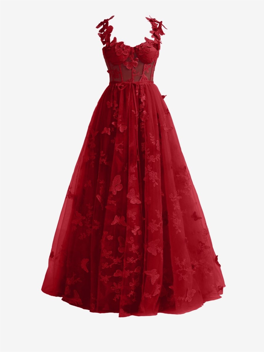 Lydia | Burgundy A - line Butterfly Lace Lilac Corset Prom Dress with Slit - KissProm
