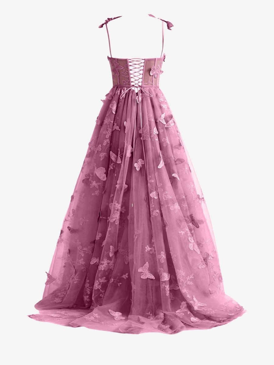 Lydia | Candy Pink A - line Butterfly Lace Lilac Corset Prom Dress with Slit - KissProm