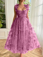 Lydia | Candy Pink A - line Butterfly Lace Lilac Corset Prom Dress with Slit - KissProm