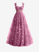 Lydia | Candy Pink A - line Butterfly Lace Lilac Corset Prom Dress with Slit - KissProm