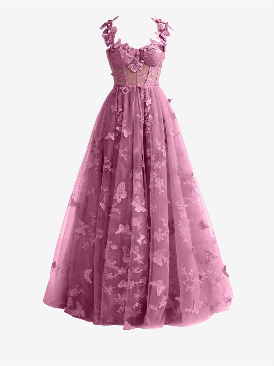 Lydia | Candy Pink A - line Butterfly Lace Lilac Corset Prom Dress with Slit - KissProm