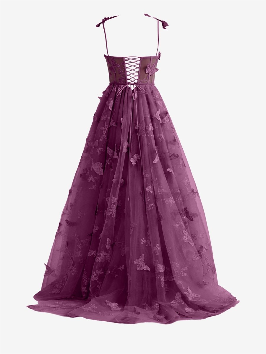 Lydia | Grape A - line Butterfly Lace Lilac Corset Prom Dress with Slit - KissProm