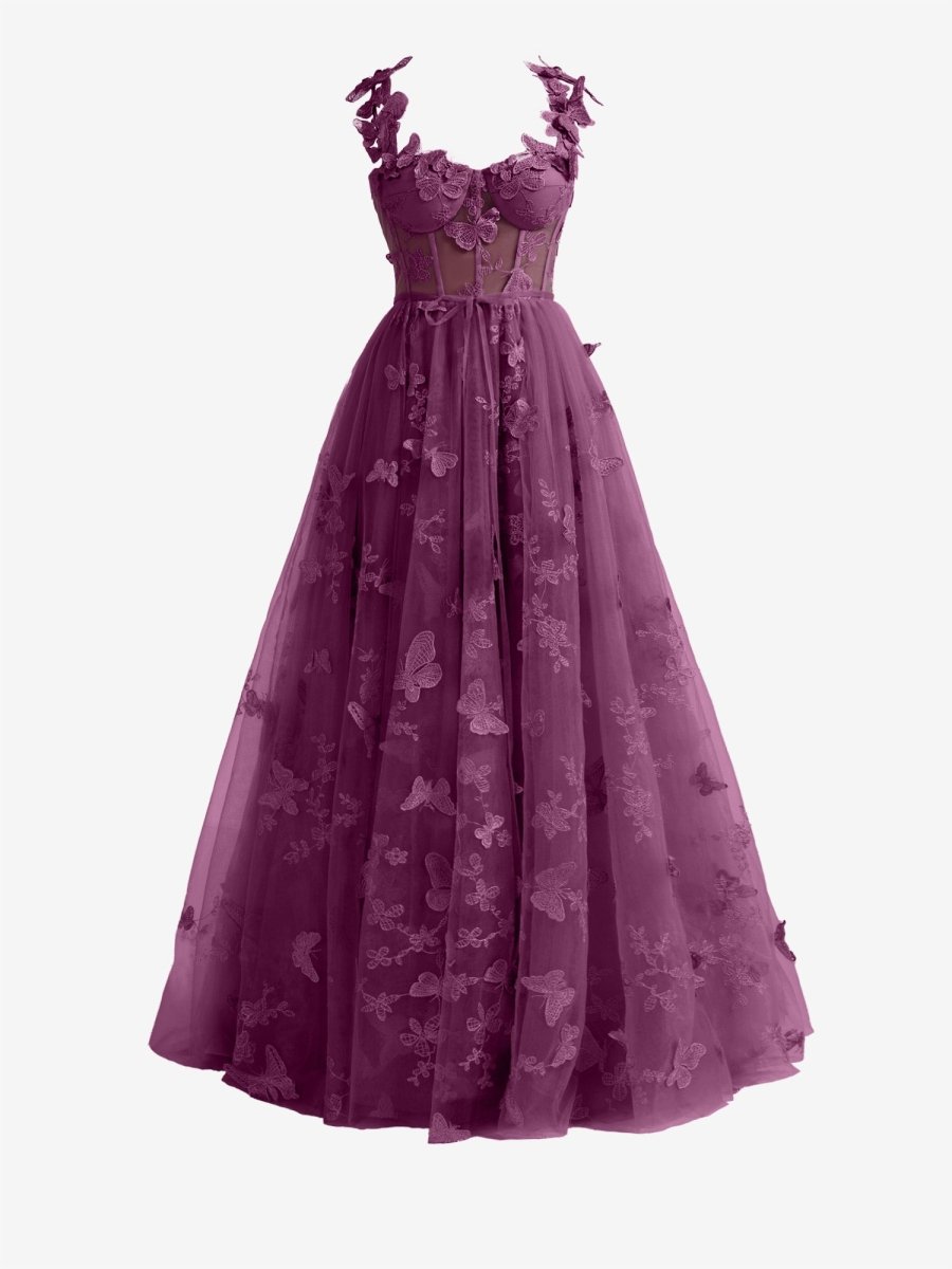 Lydia | Grape A - line Butterfly Lace Lilac Corset Prom Dress with Slit - KissProm