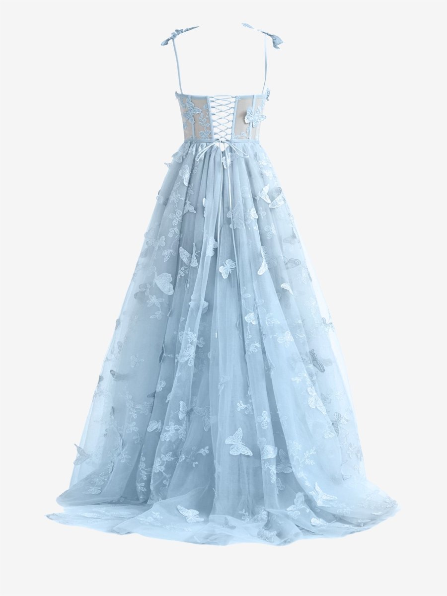 Lydia | Sky Blue A - line Butterfly Lace Lilac Corset Prom Dress with Slit - KissProm
