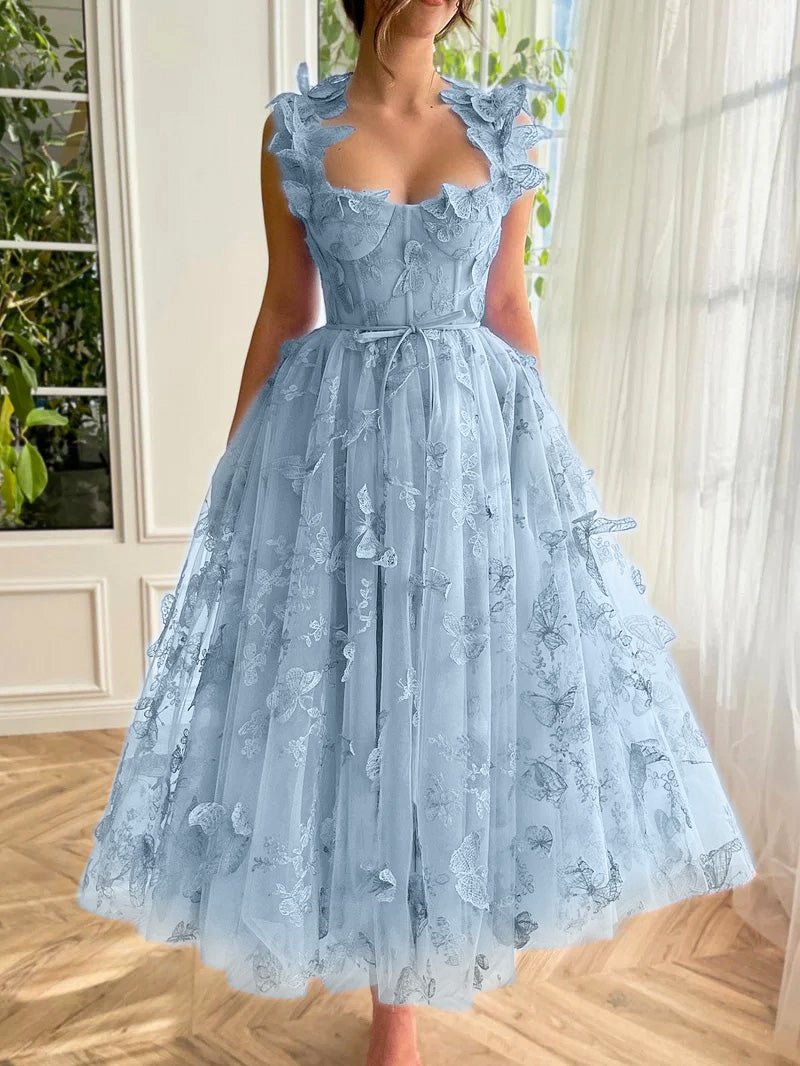Lydia | Sky Blue A - line Butterfly Lace Lilac Corset Prom Dress with Slit - KissProm