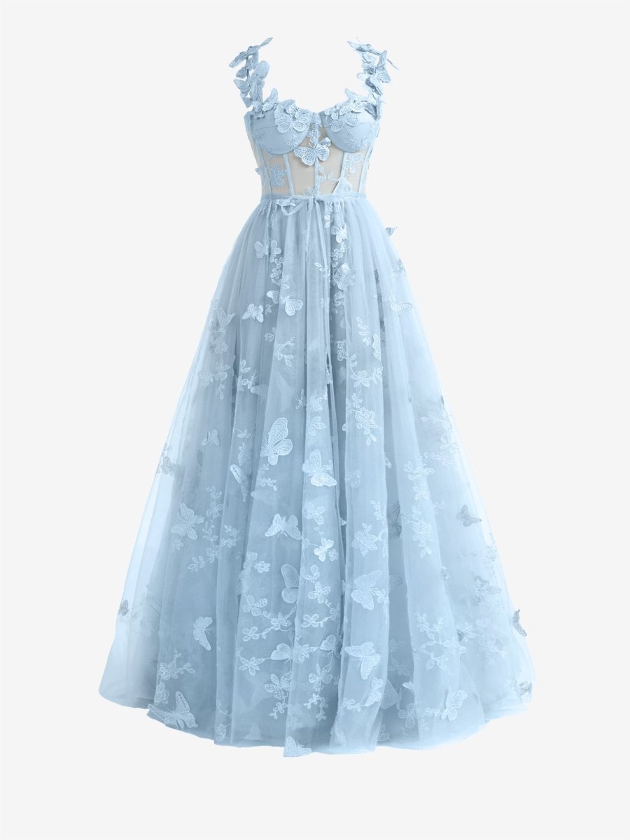 Lydia | Sky Blue A - line Butterfly Lace Lilac Corset Prom Dress with Slit - KissProm