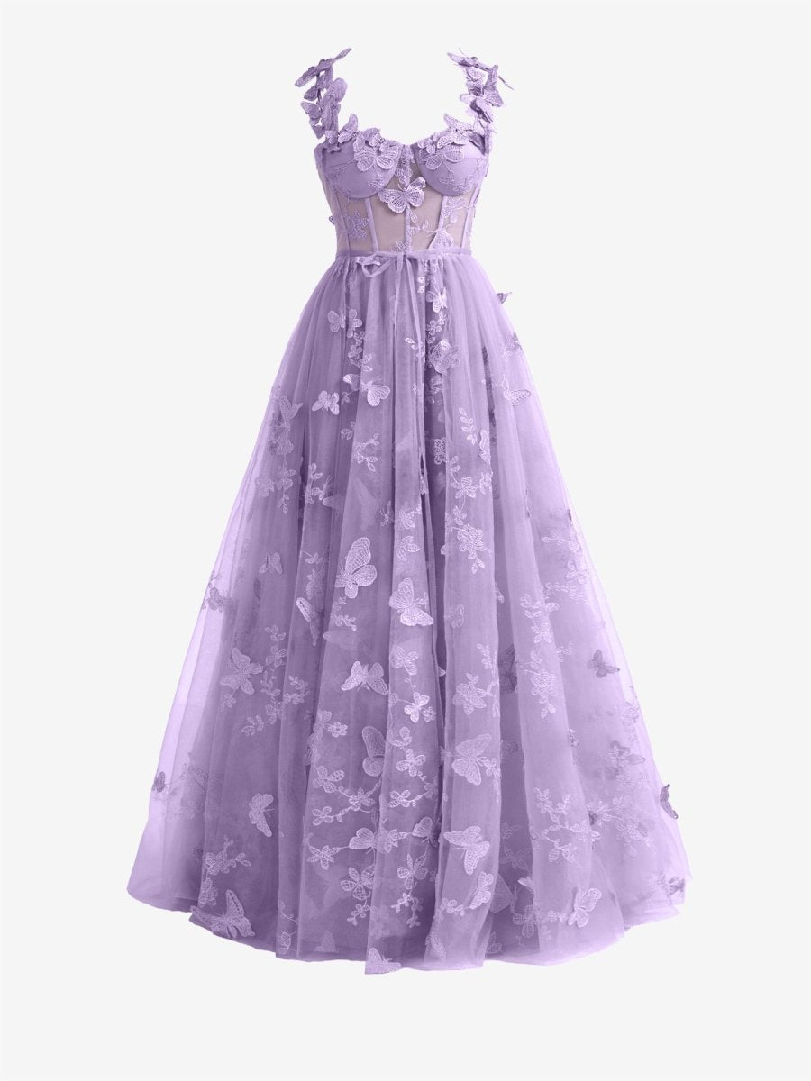 Lydia | Light Purple A - line Butterfly Lace Lilac Corset Prom Dress with Slit - KissProm