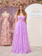 Lydia | Lilac A - line Butterfly Lace Lilac Corset Prom Dress with Slit - KissProm