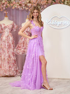 Lydia | Lilac A - line Butterfly Lace Lilac Corset Prom Dress with Slit - KissProm