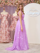 Lydia | Lilac A - line Butterfly Lace Lilac Corset Prom Dress with Slit - KissProm