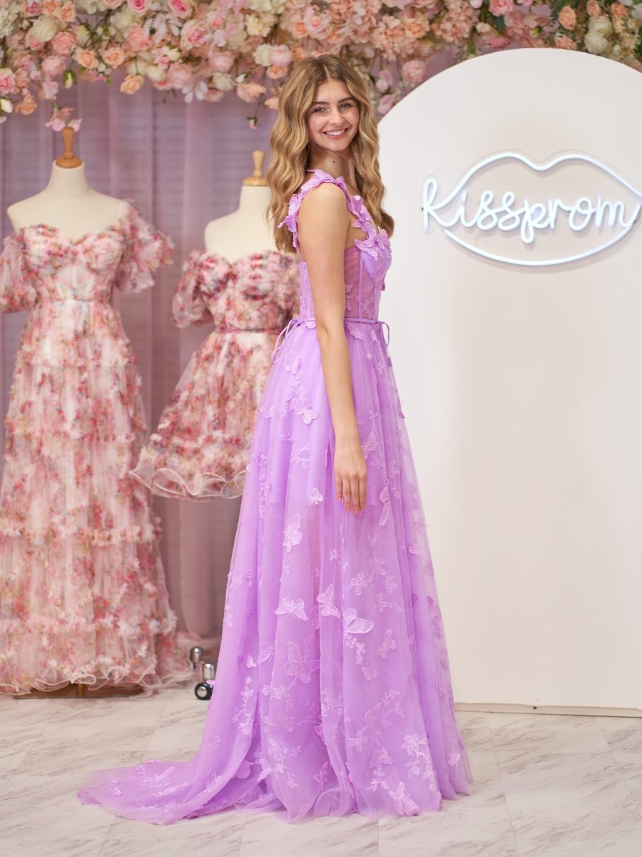 Lydia | Lilac A - line Butterfly Lace Lilac Corset Prom Dress with Slit - KissProm