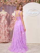 Lydia | Lilac A - line Butterfly Lace Lilac Corset Prom Dress with Slit - KissProm
