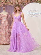 Lydia | Lilac A - line Butterfly Lace Lilac Corset Prom Dress with Slit - KissProm