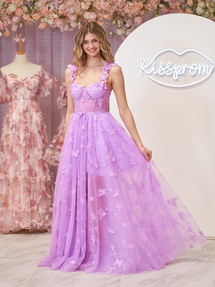 Lydia | Lilac A - line Butterfly Lace Lilac Corset Prom Dress with Slit - KissProm