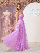 Lydia | Lilac A - line Butterfly Lace Lilac Corset Prom Dress with Slit - KissProm