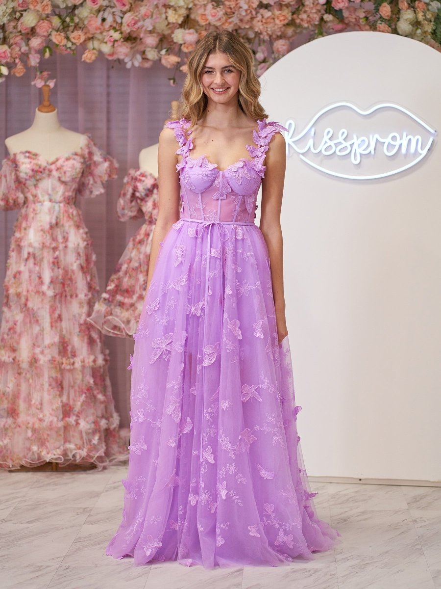 Lydia | Lilac A - line Butterfly Lace Lilac Corset Prom Dress with Slit - KissProm