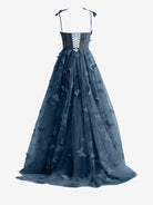 Lydia | Navy Blue A - line Butterfly Lace Lilac Corset Prom Dress with Slit - KissProm