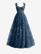 Lydia | Navy Blue A - line Butterfly Lace Lilac Corset Prom Dress with Slit - KissProm