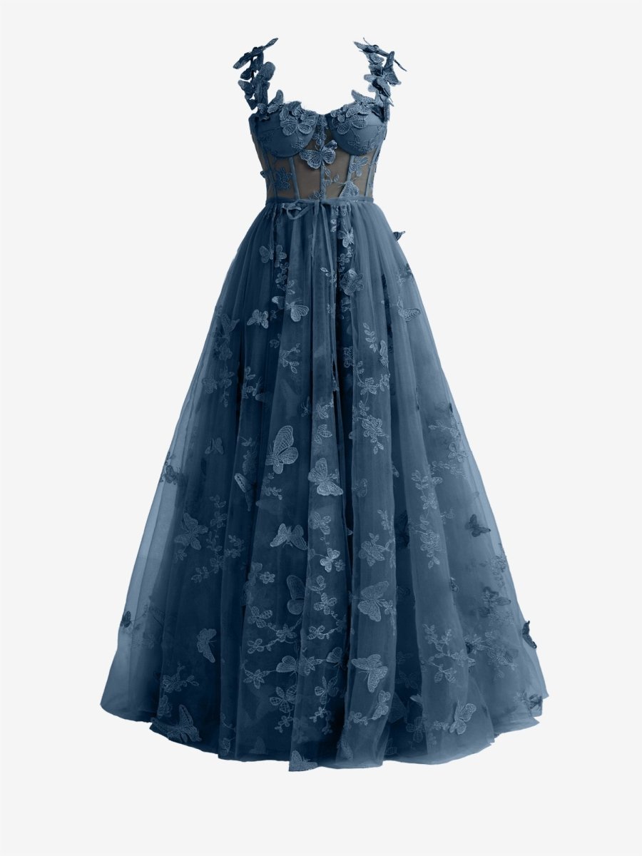 Lydia | Navy Blue A - line Butterfly Lace Lilac Corset Prom Dress with Slit - KissProm