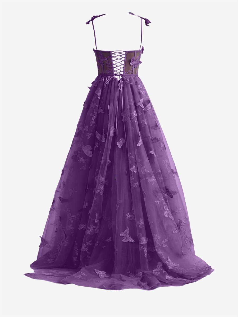 Lydia | Purple A - line Butterfly Lace Lilac Corset Prom Dress with Slit - KissProm