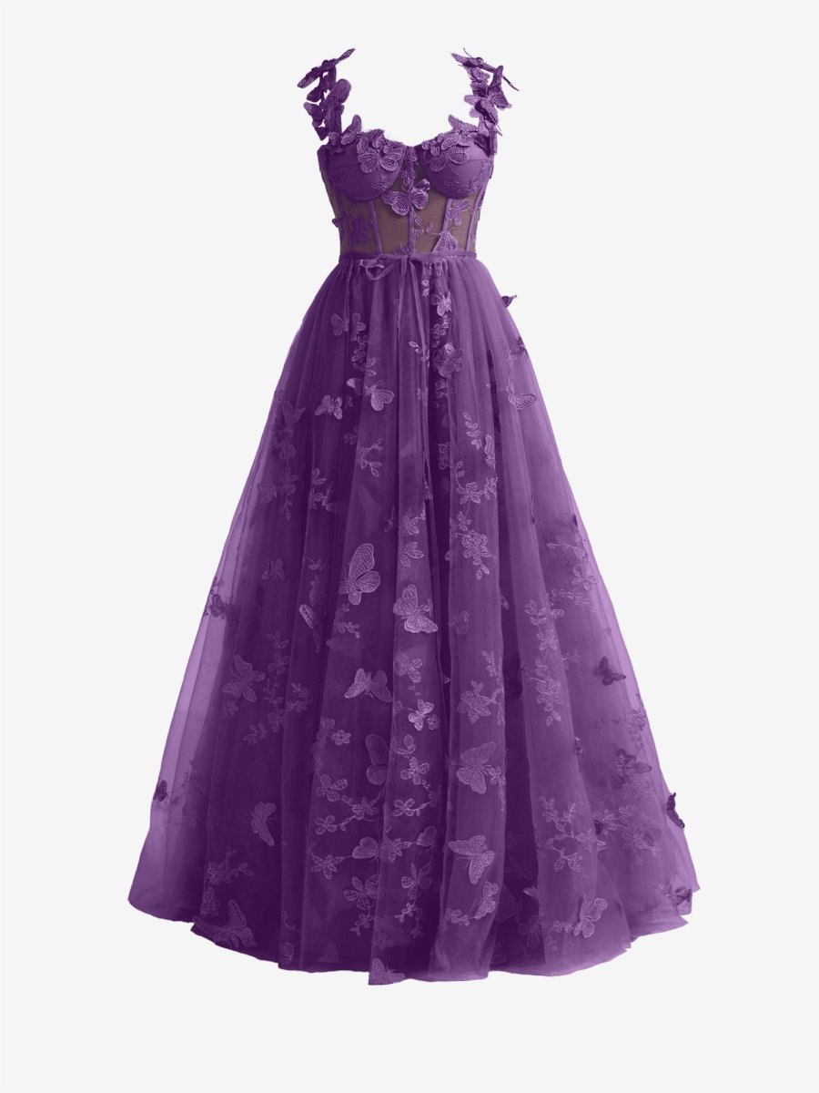 Lydia | Purple A - line Butterfly Lace Lilac Corset Prom Dress with Slit - KissProm