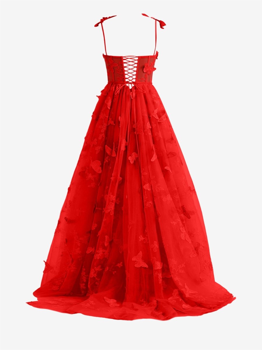 Lydia | Red A - line Butterfly Lace Lilac Corset Prom Dress with Slit - KissProm