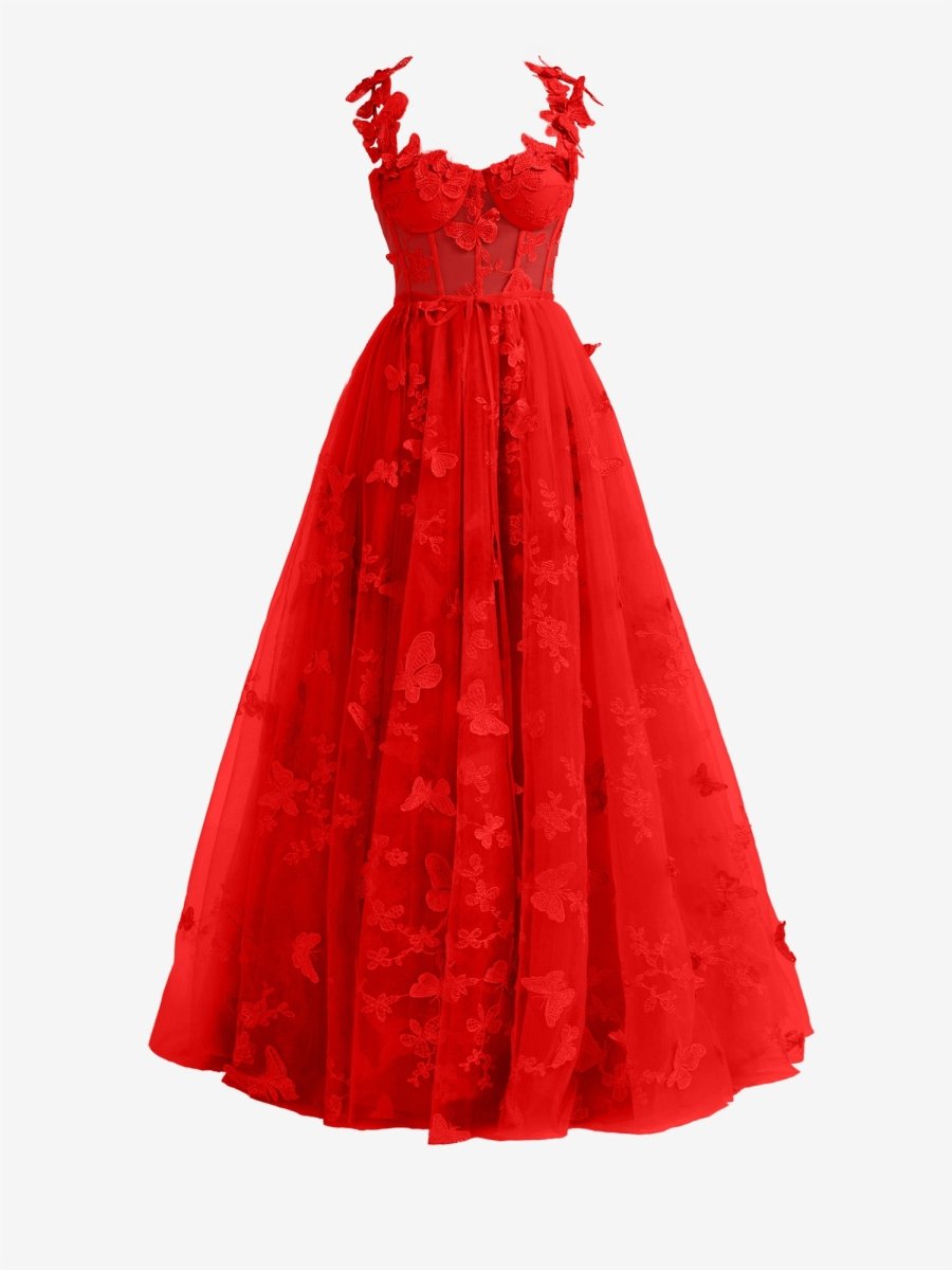 Lydia | Red A - line Butterfly Lace Lilac Corset Prom Dress with Slit - KissProm