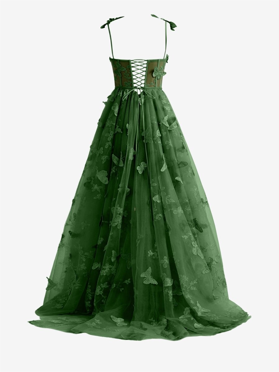 Lydia | Teal A - line Butterfly Lace Lilac Corset Prom Dress with Slit - KissProm