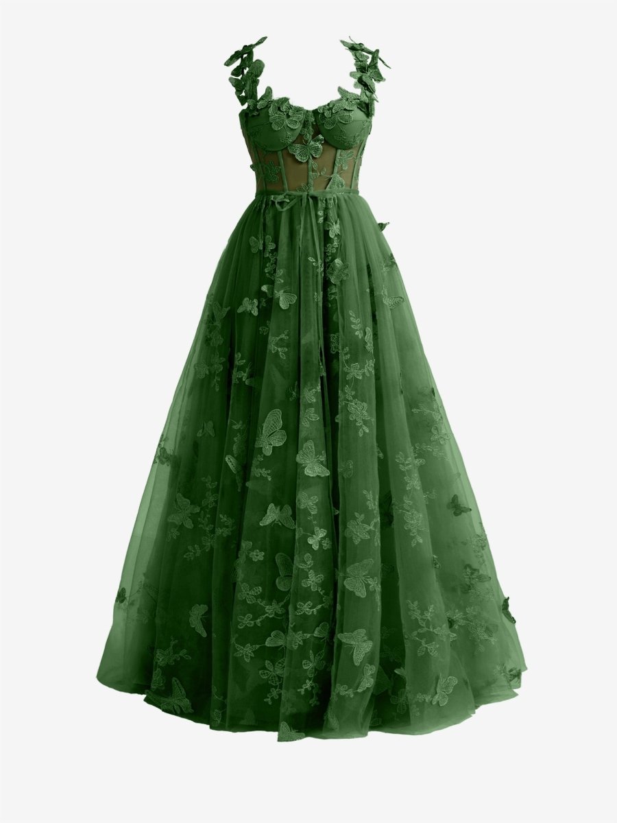 Lydia | Teal A - line Butterfly Lace Lilac Corset Prom Dress with Slit - KissProm