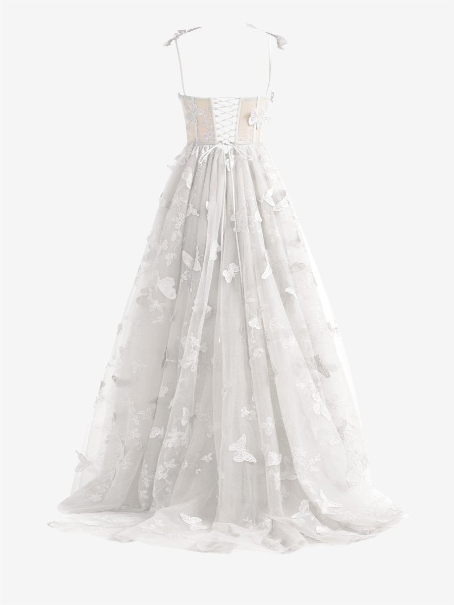 Lydia | White A - line Butterfly Lace Lilac Corset Prom Dress with Slit - KissProm