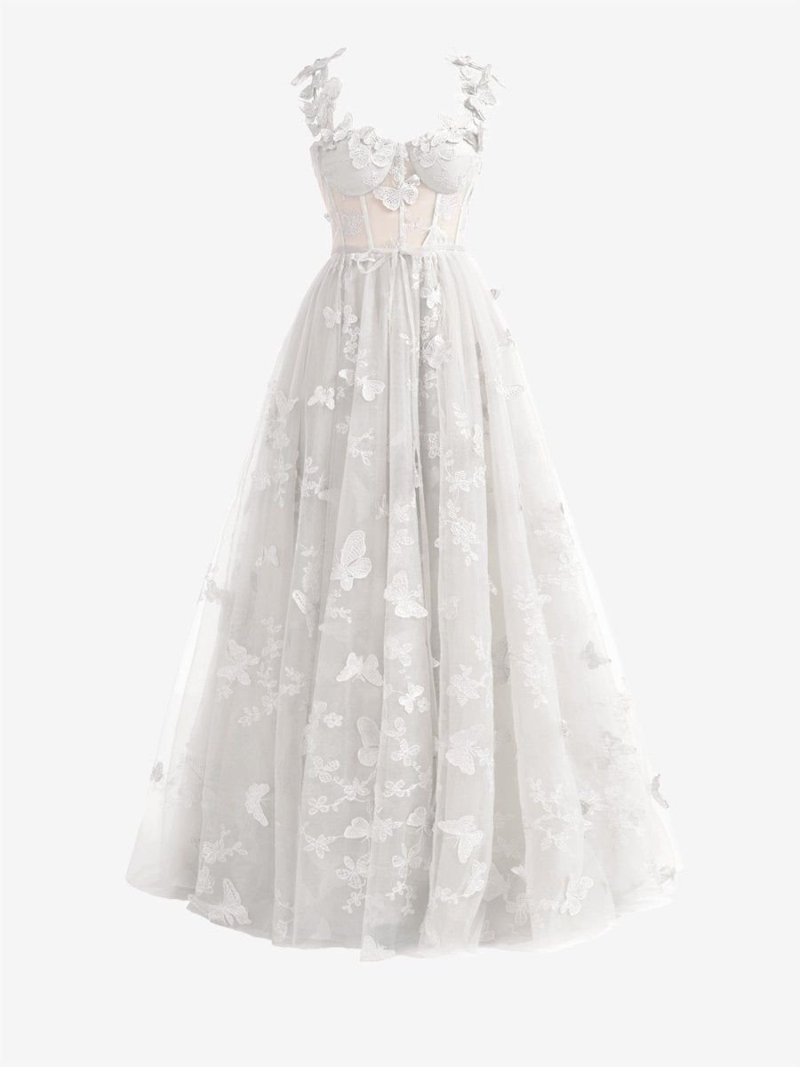 Lydia | White A - line Butterfly Lace Lilac Corset Prom Dress with Slit - KissProm