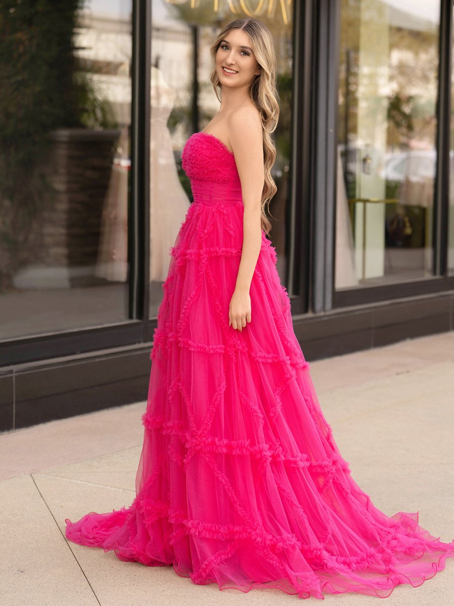 Lainey |A - Line Strapless Ruffles Long Formal Dress with Puff Sleeves - KissProm