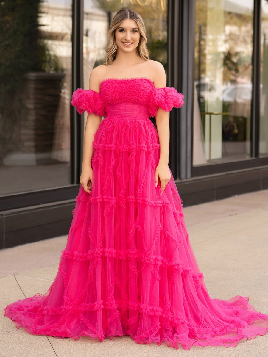 Lainey |A - Line Strapless Ruffles Long Formal Dress with Puff Sleeves - KissProm