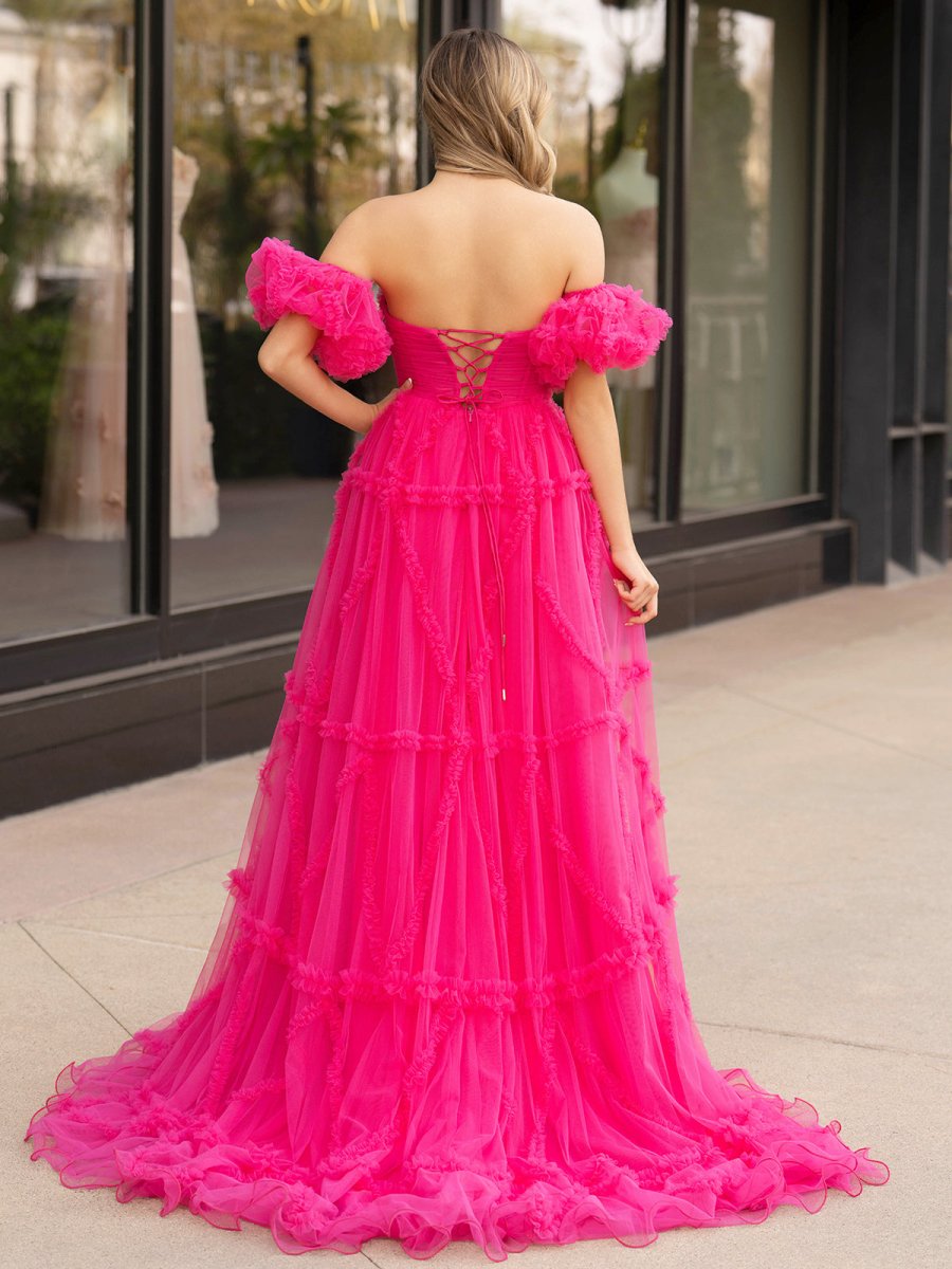 Lainey |A - Line Strapless Ruffles Long Formal Dress with Puff Sleeves - KissProm