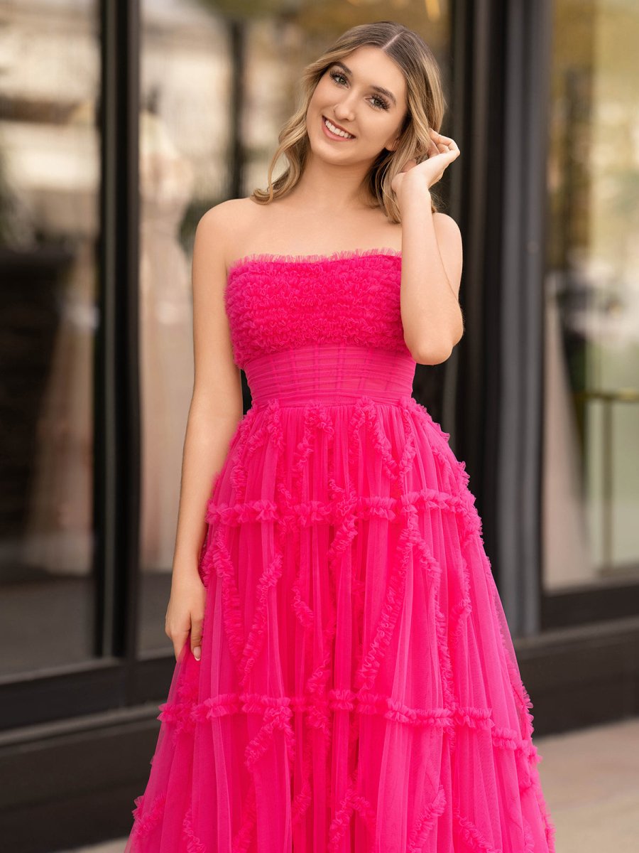 Lainey |A - Line Strapless Ruffles Long Formal Dress with Puff Sleeves - KissProm