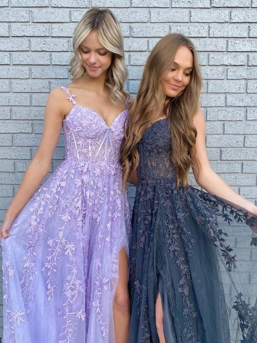 Mariana |Navy Blue A - line Sweetheart Lace Tulle Prom Dress with Slit - KissProm