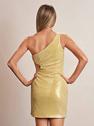 Marlene | Sparkly Blue Tight One Shoulder Hollow Out Pleated Metallic Homecoming Dress With Slit - KissProm