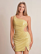 Marlene | Sparkly Blue Tight One Shoulder Hollow Out Pleated Metallic Homecoming Dress With Slit - KissProm