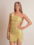 Marlene | Sparkly Blue Tight One Shoulder Hollow Out Pleated Metallic Homecoming Dress With Slit - KissProm