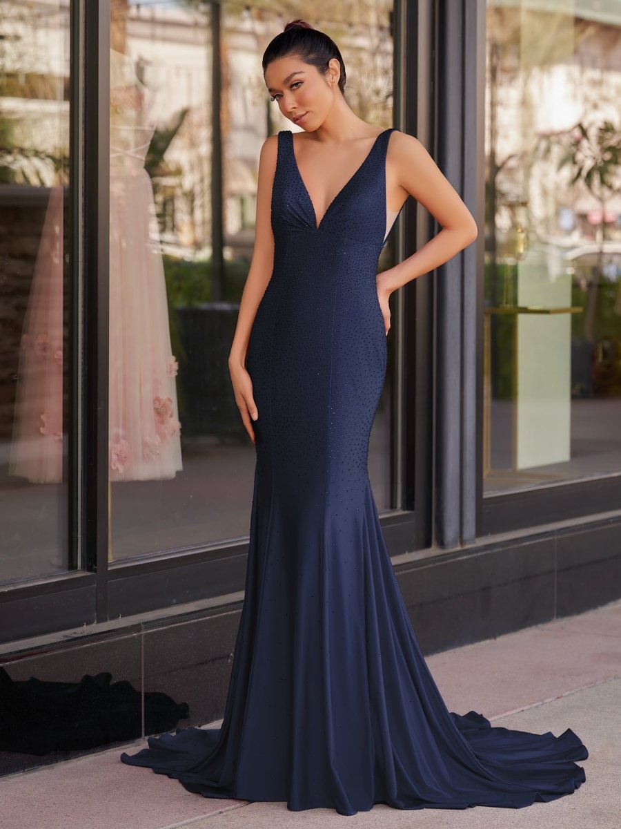 Molly | Mermaid Deep V - Neck Beaded Satin Long Prom Dress - KissProm