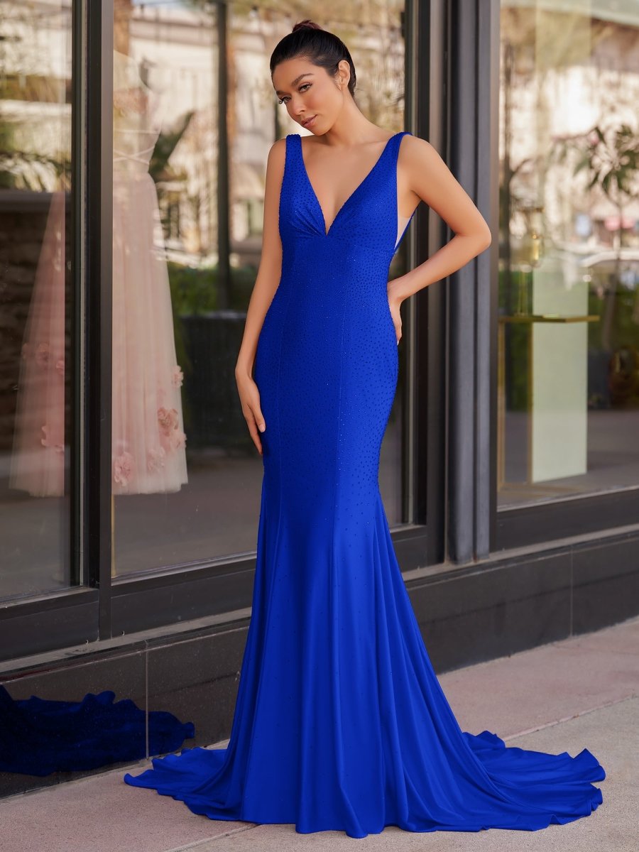 Molly | Mermaid Deep V - Neck Beaded Satin Long Prom Dress - KissProm
