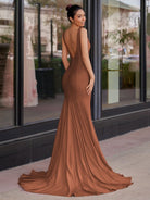 Molly | Mermaid Deep V - Neck Beaded Satin Long Prom Dress - KissProm