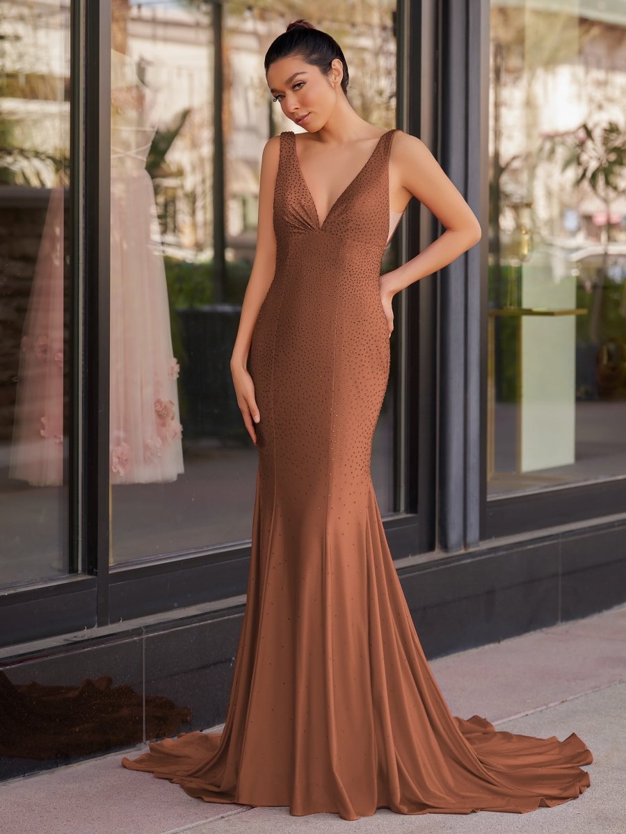 Molly | Mermaid Deep V - Neck Beaded Satin Long Prom Dress - KissProm