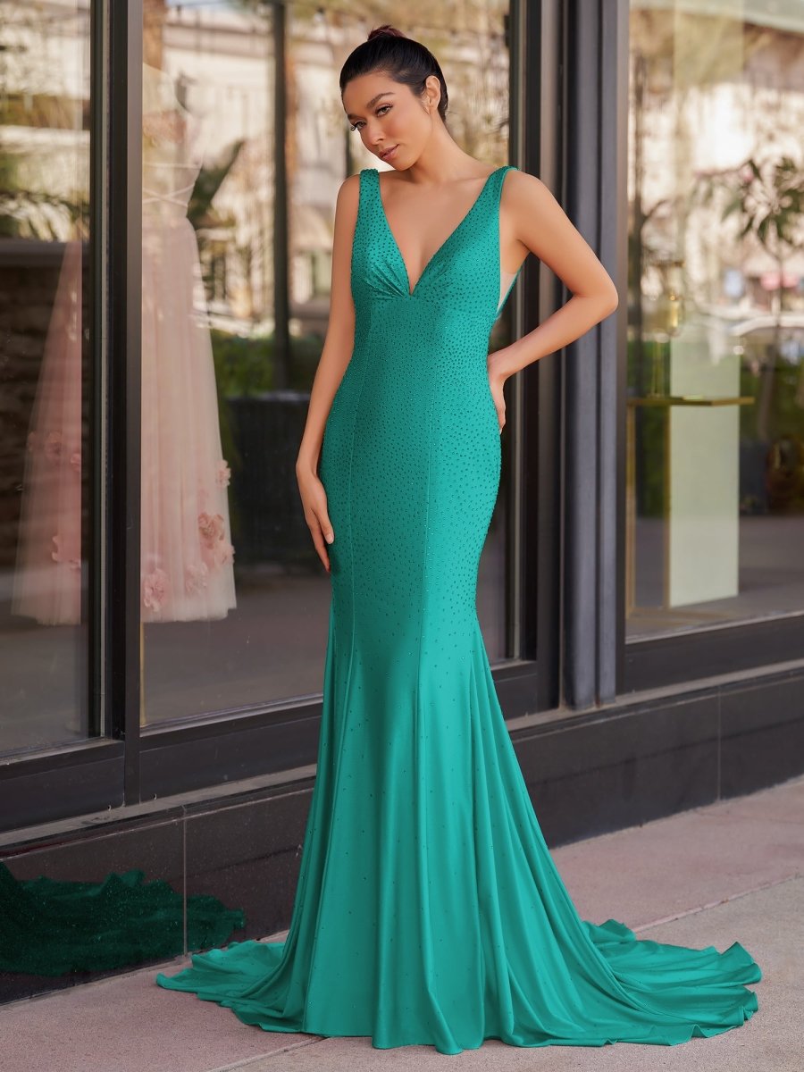 Molly | Mermaid Deep V - Neck Beaded Satin Long Prom Dress - KissProm